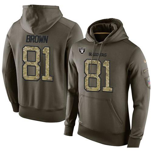 NFL Men's Nike Oakland Raiders #81 Tim Brown Stitched Green Olive Salute To Service KO Performance Hoodie